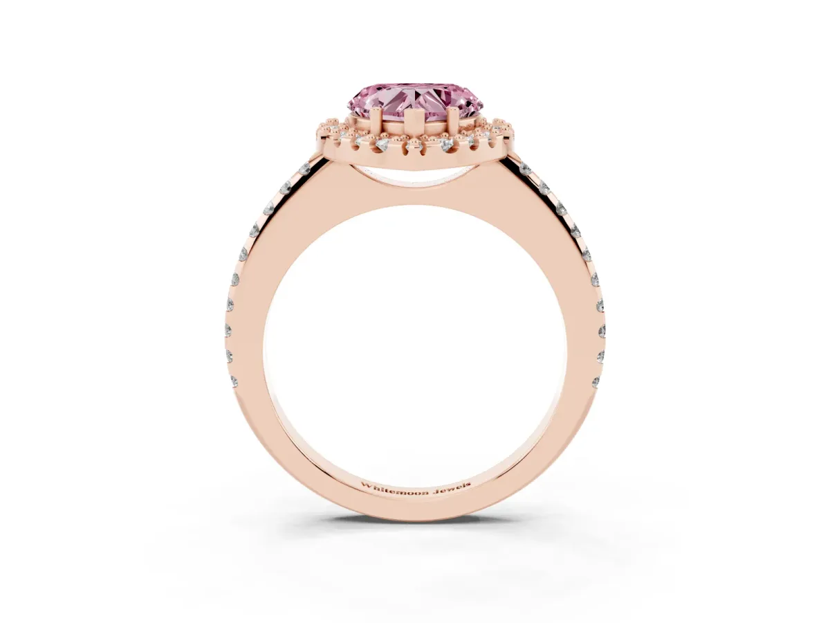 Fancy Pink Heart Cut Diamond Pavé Halo Ring with Four-Prong Setting Rose gold