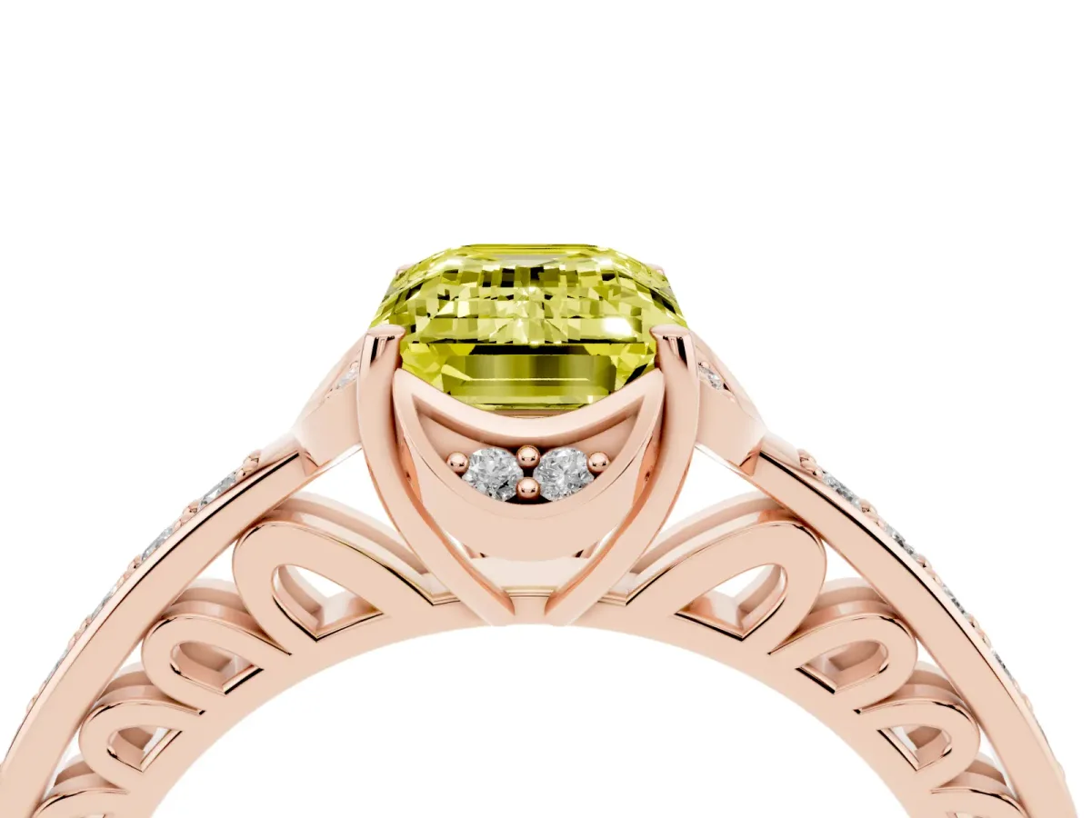 Fancy Yellow Emerald Cut Cut Halo Diamond Ring with Channel Set Band and Four-Prong Setting Rose gold