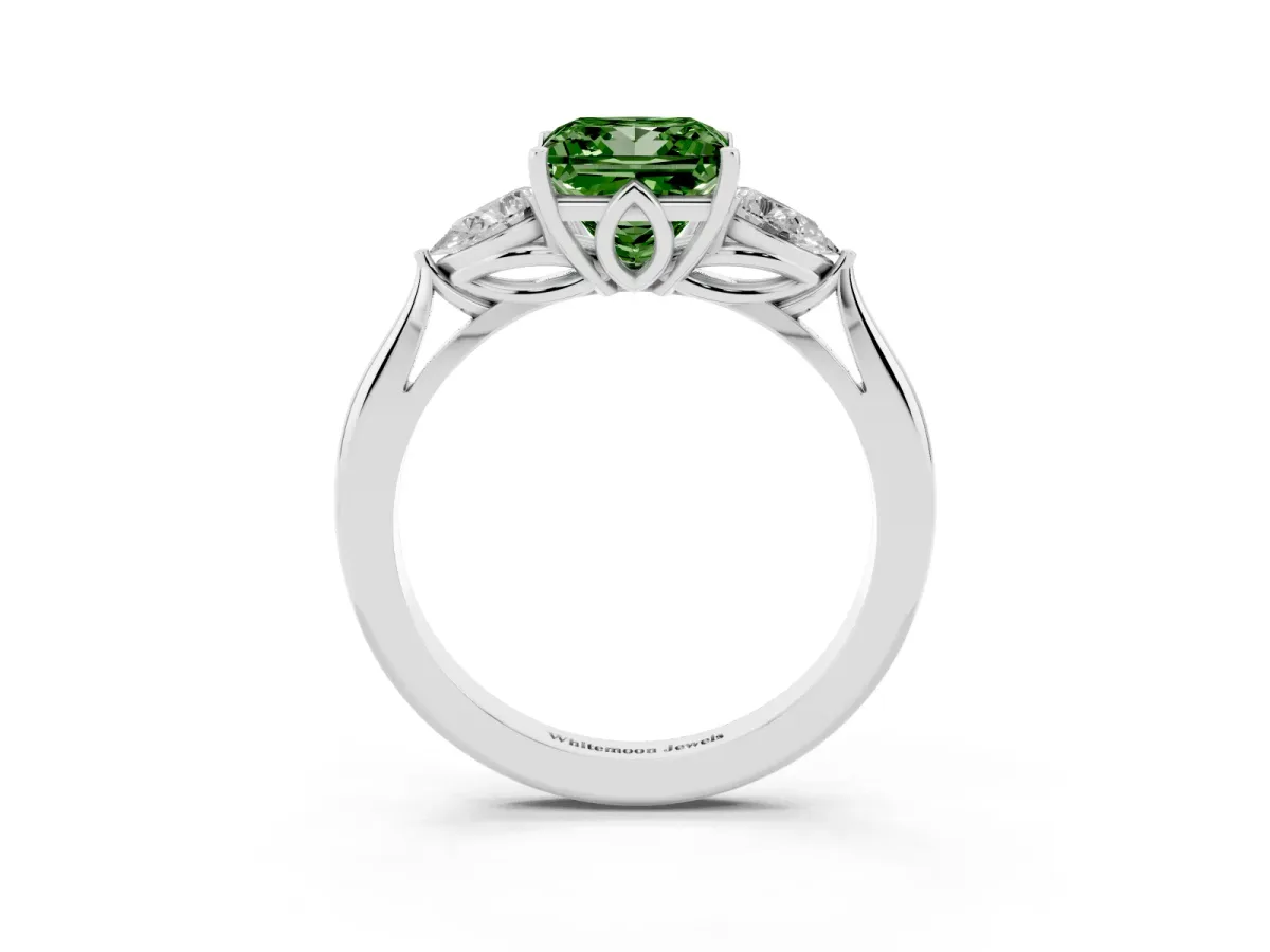 Fancy Green Three-Stone Princess Cut Diamond Ring with Pear Side Stones in Four-Prong Setting Silver