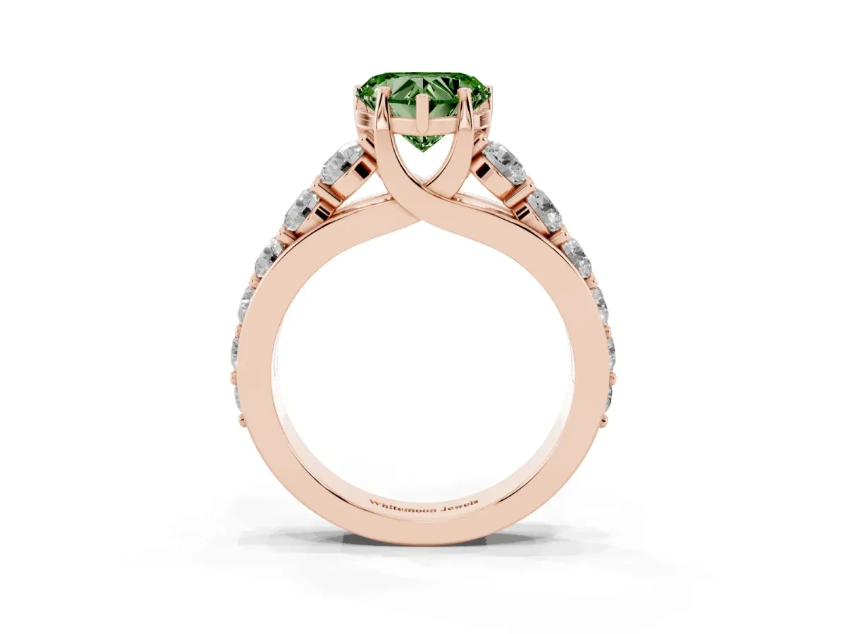 Fancy Green Heart Cut Diamond Engagement Ring with Pavé Band and Four-Prong Setting Rose gold