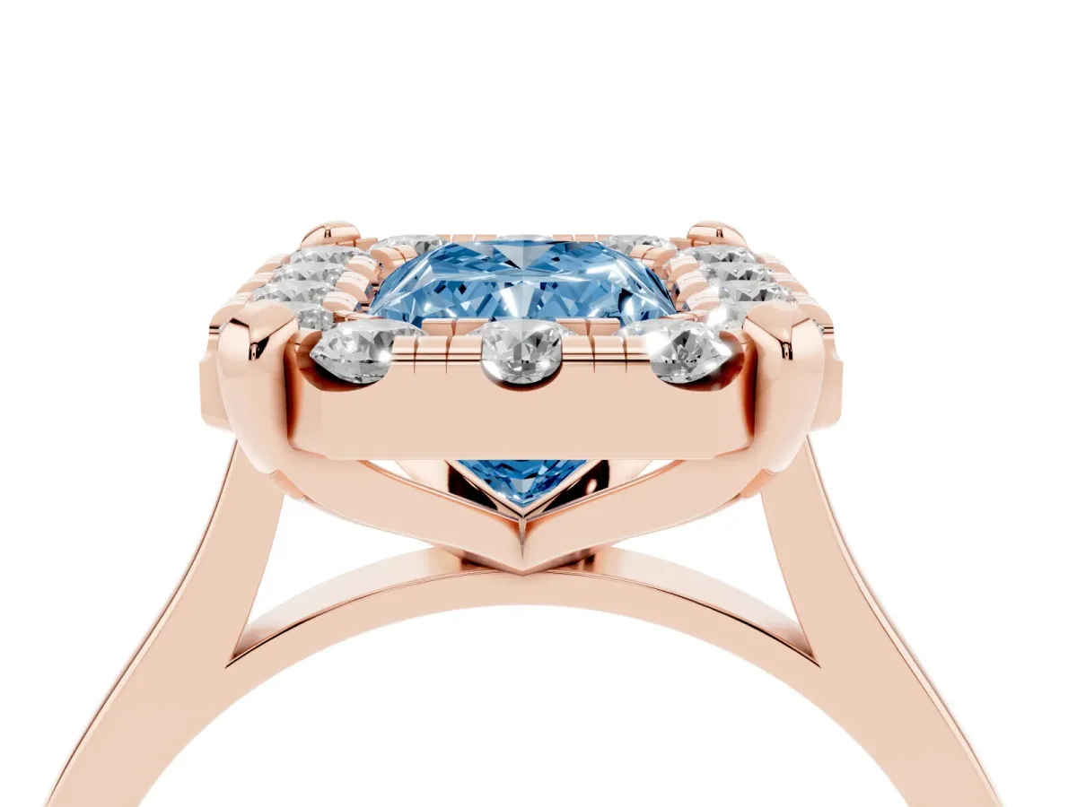 Fancy Blue Radiant Cut Diamond Cluster Halo Solitaire with Four-Prong Setting Rose gold