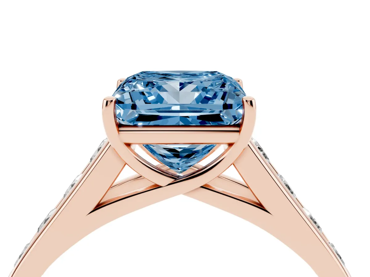 Fancy Blue Princess Cut Solitaire Channel-Set Diamond Engagement Ring with Four-Prong Setting Rose gold