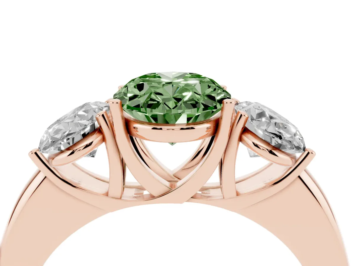 Fancy Green Oval Cut Diamond Three-Stone Ring with Four-Prong Setting and Classic Band Rose gold