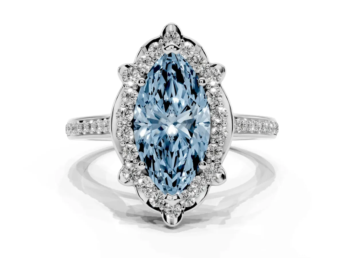 Fancy Blue Marquise Cut Halo Round Diamond Pave Band with Four-Prong Setting White gold
