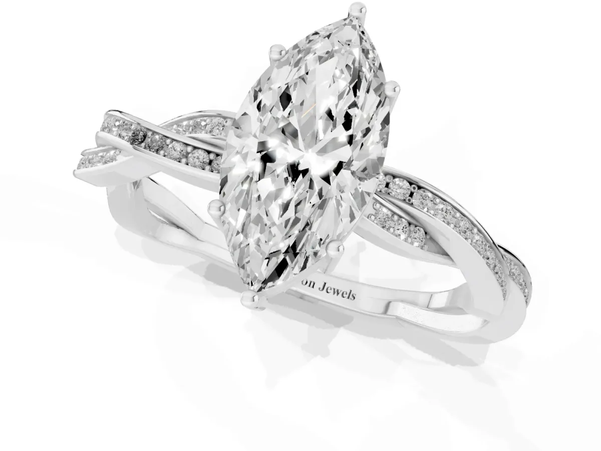 Marquise Cut Solitaire Twisted Pave Diamond Ring with Four-Prong Setting White gold