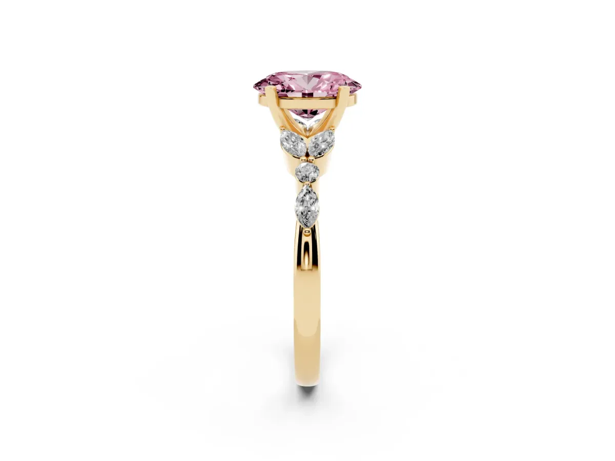 Fancy Pink Oval Cut Diamond Solitaire Ring with Side Stones and Four-Prong Setting Yellow gold