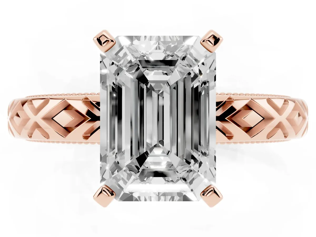 Emerald Cut Solitaire Diamond Ring with Milgrain and Black Enamel X Pattern Band Rose gold