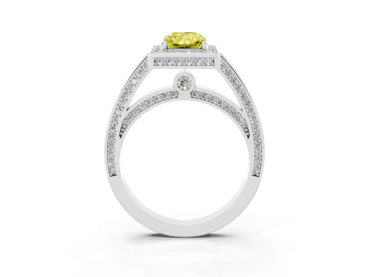 Fancy Yellow Radiant Cut Cut Halo Pave Split Shank Prong Setting Ring Platinum