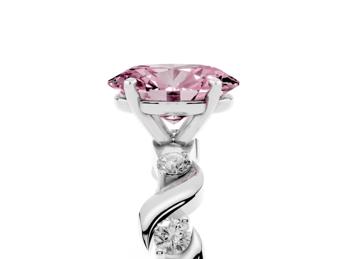 Fancy Pink Oval Cut Diamond Solitaire Twisted Band with Round Accents and Prong Setting Silver