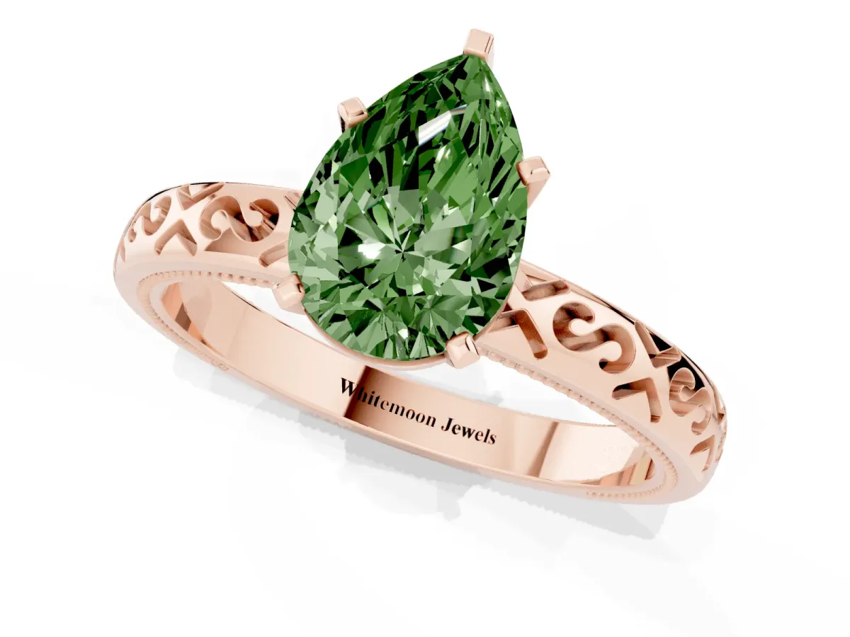 Fancy Green Pear Cut Solitaire Engagement Ring with Scrollwork Band and Four-Prong Setting Rose gold