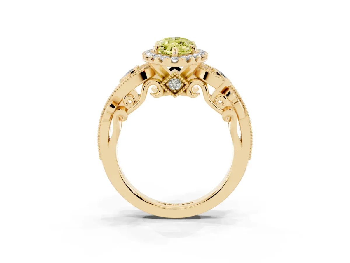 Fancy Yellow Marquise Cut Diamond Halo Ring with Milgrain Pavé Band and Four-Prong Setting Yellow gold