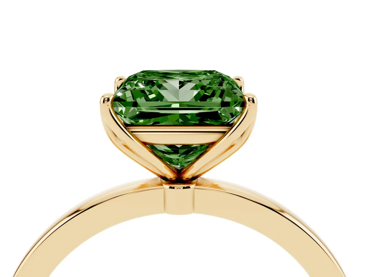 Fancy Green Princess Cut Diamond Solitaire Ring with Thin Band and Prong Setting Yellow gold