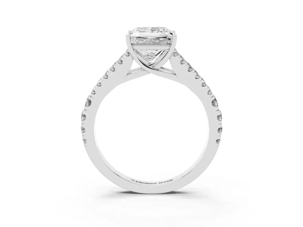 Princess Cut Diamond Split Shank Engagement Ring with Round Pavé and Prong Setting Platinum