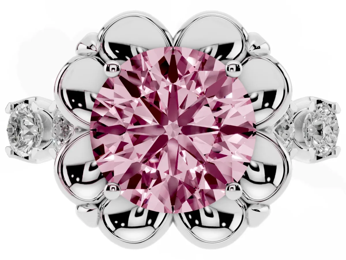 Fancy Pink Round Cut Cut Diamond Floral Halo Engagement Ring with Shared Prong Setting Silver