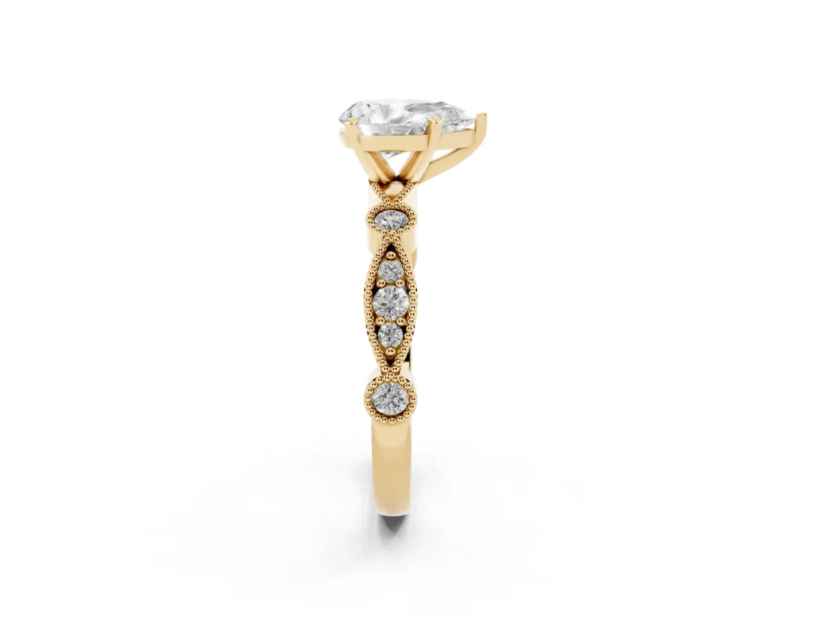 Pear Cut Milgrain Bezel Diamond Engagement Ring with Solitaire Prong Setting Yellow gold