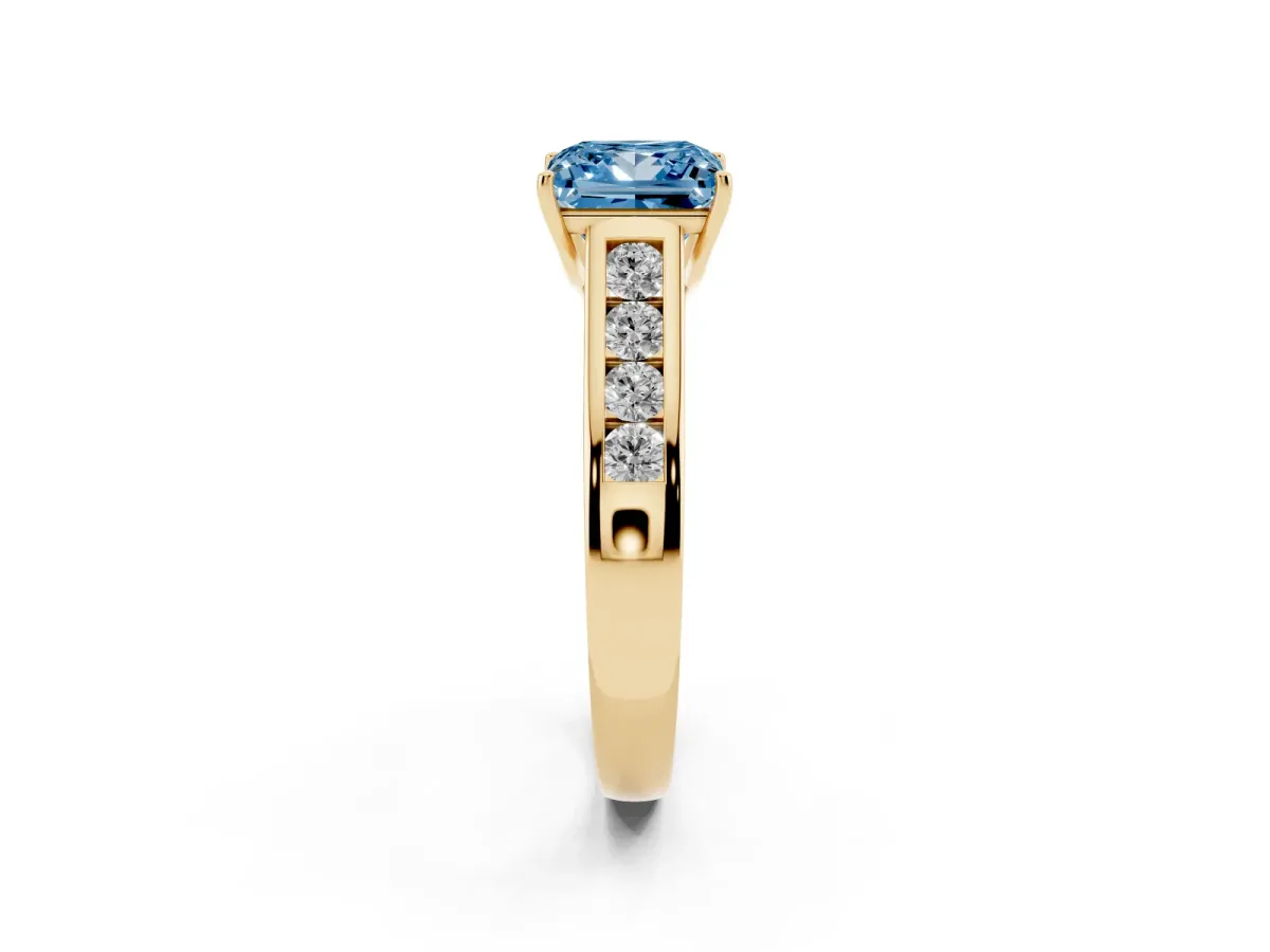 Fancy Blue Princess Cut Brilliant Channel-Set Solitaire Ring with Four-Prong Setting Yellow gold
