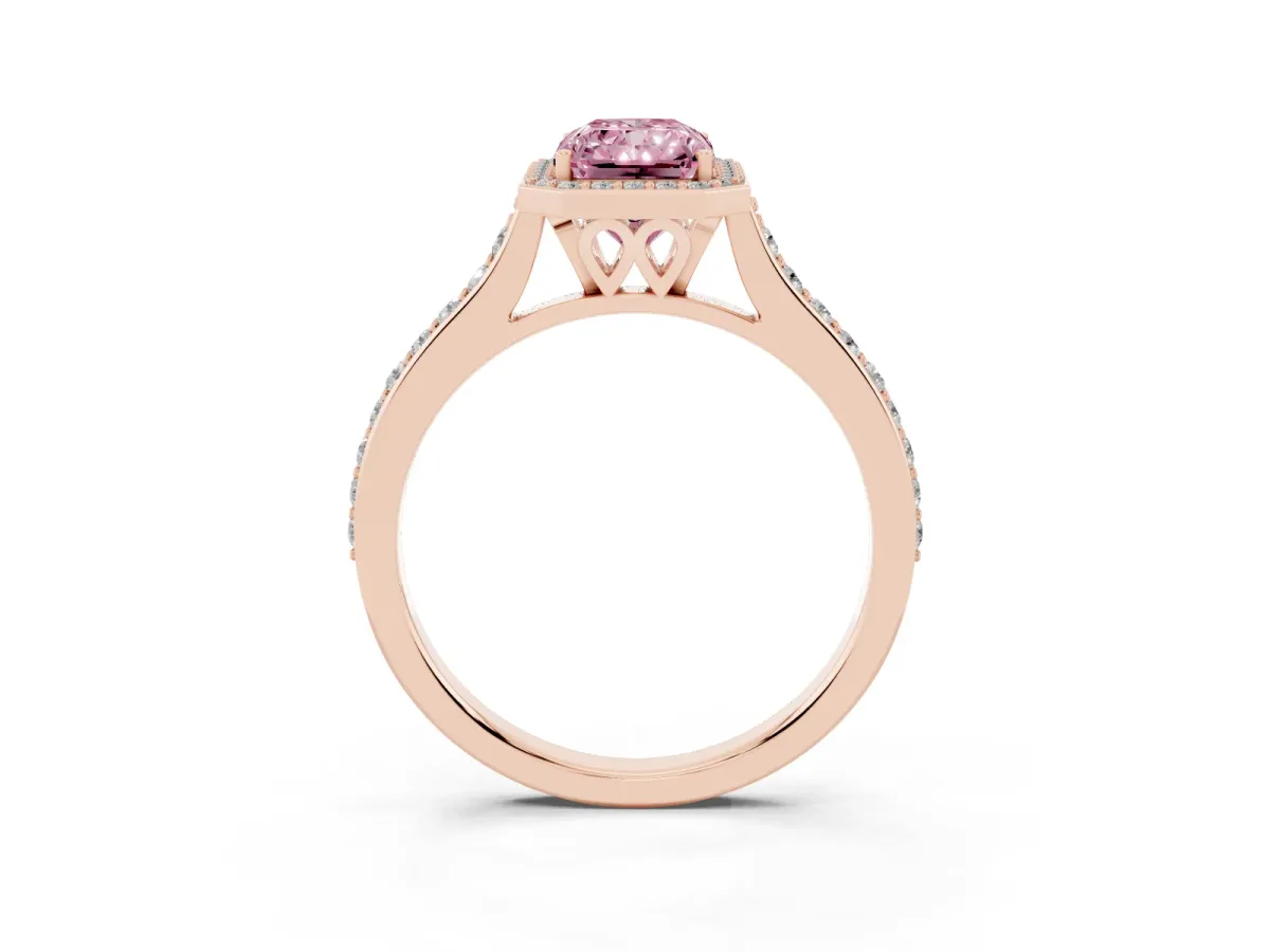 Fancy Pink Radiant Cut Diamond Halo Engagement Ring with Round Pavé Shoulders and Prong Setting Rose gold