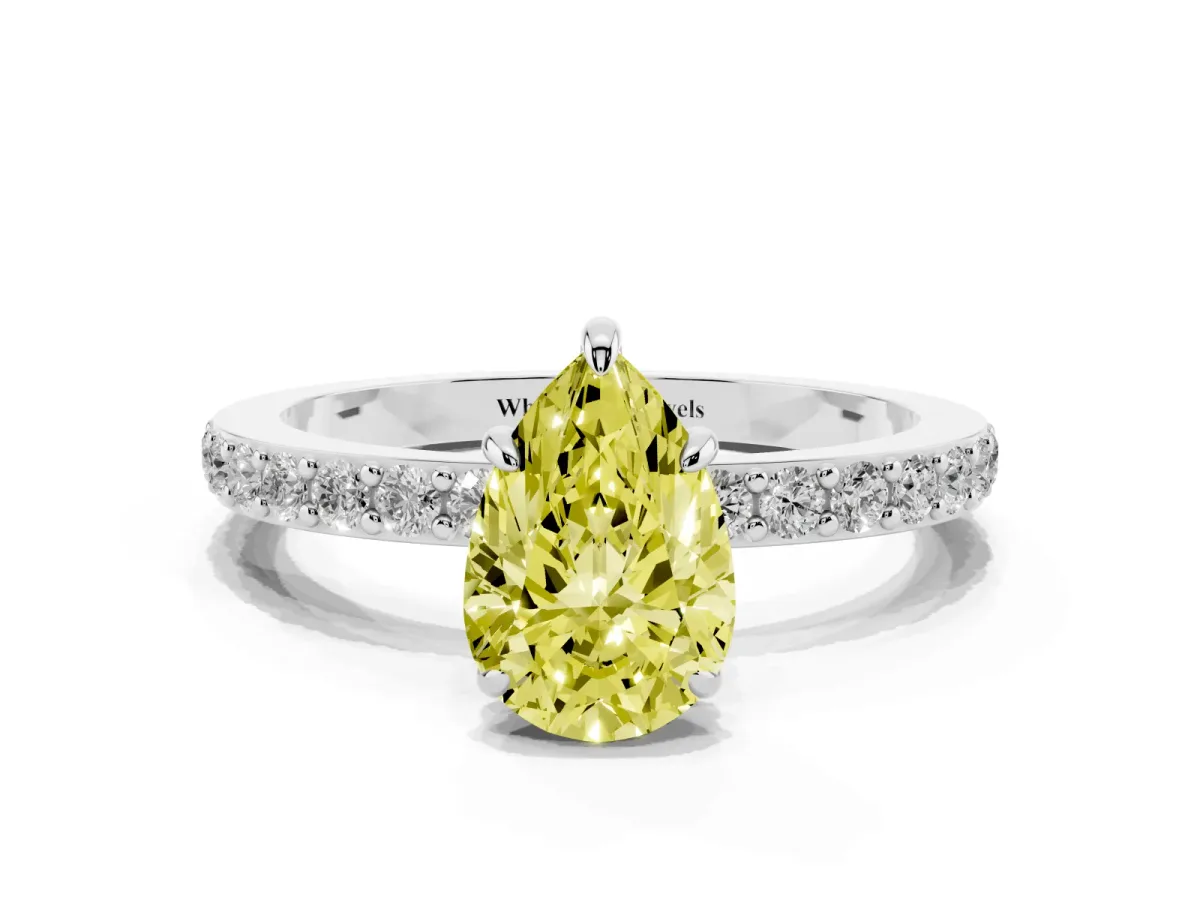 Fancy Yellow Pear Cut Diamond Pavé Engagement Ring with Round Accents and Prong Setting Silver