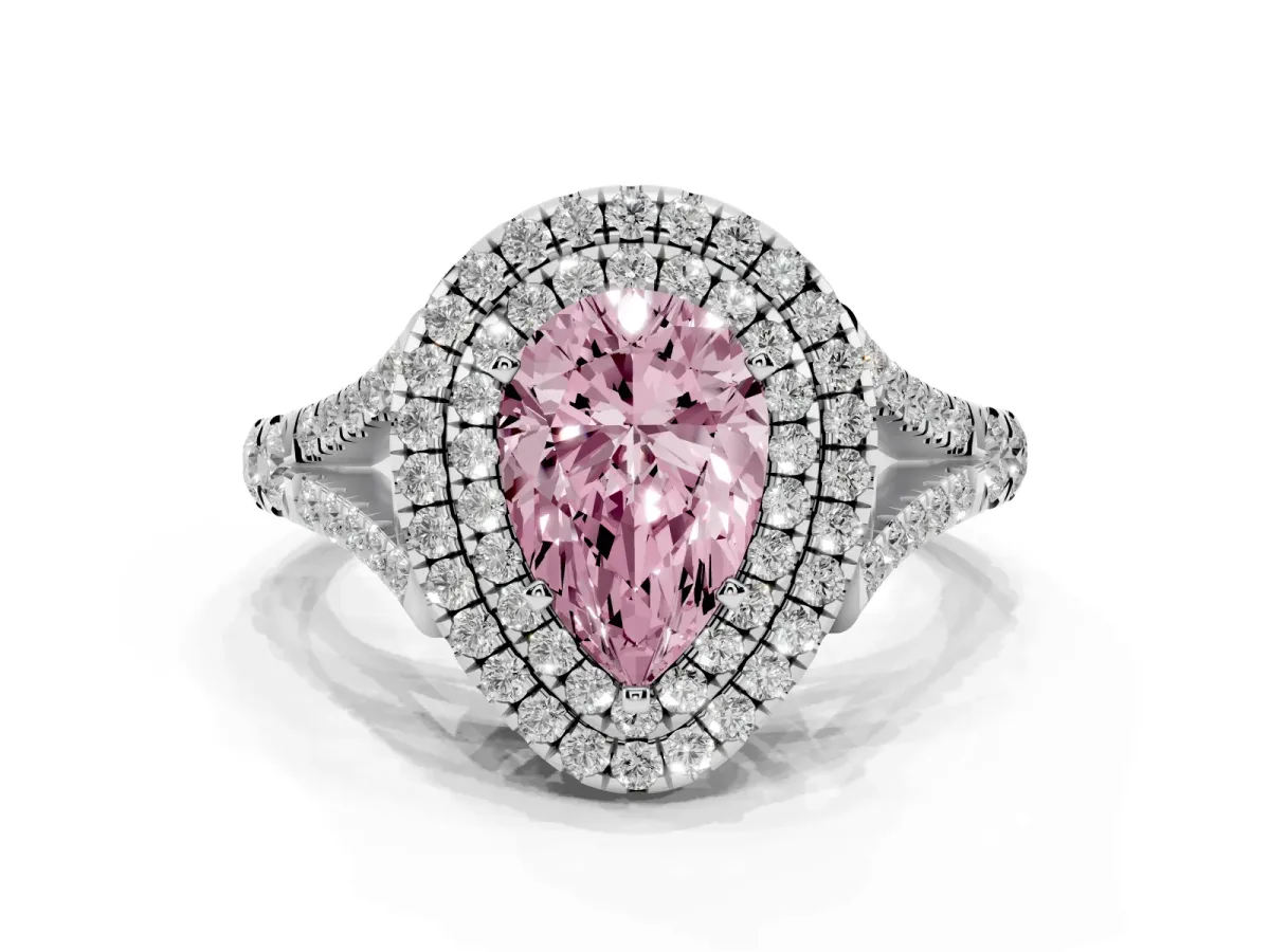 Fancy Pink Pear Cut Diamond Pavé Split Shank Double Halo Engagement Ring Silver