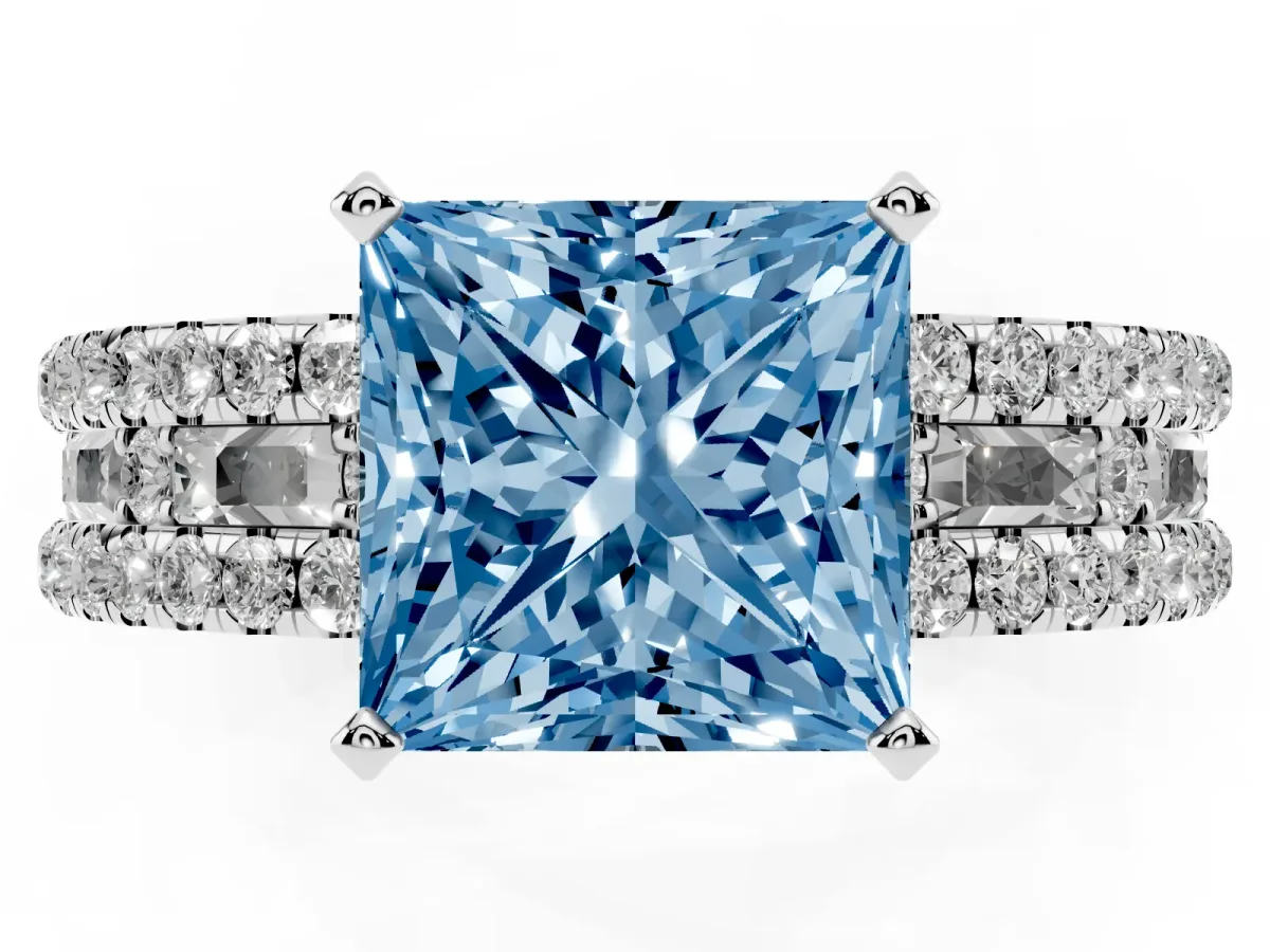 Fancy Blue Princess Cut Diamond Solitaire Ring with Pavé and Channel Set Band Silver