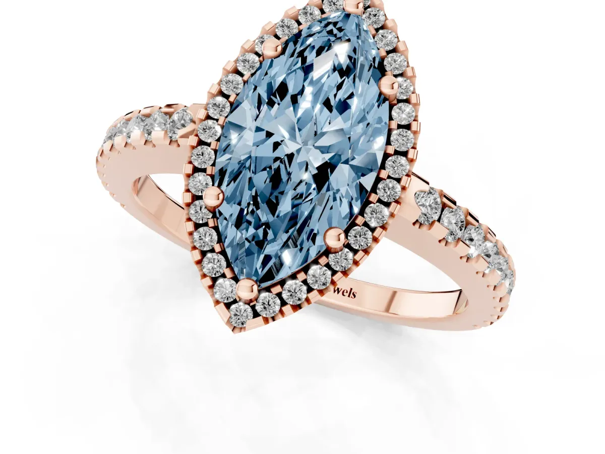 Fancy Blue Marquise Cut Diamond Halo Engagement Ring with Pavé Band and Prong Setting Rose gold