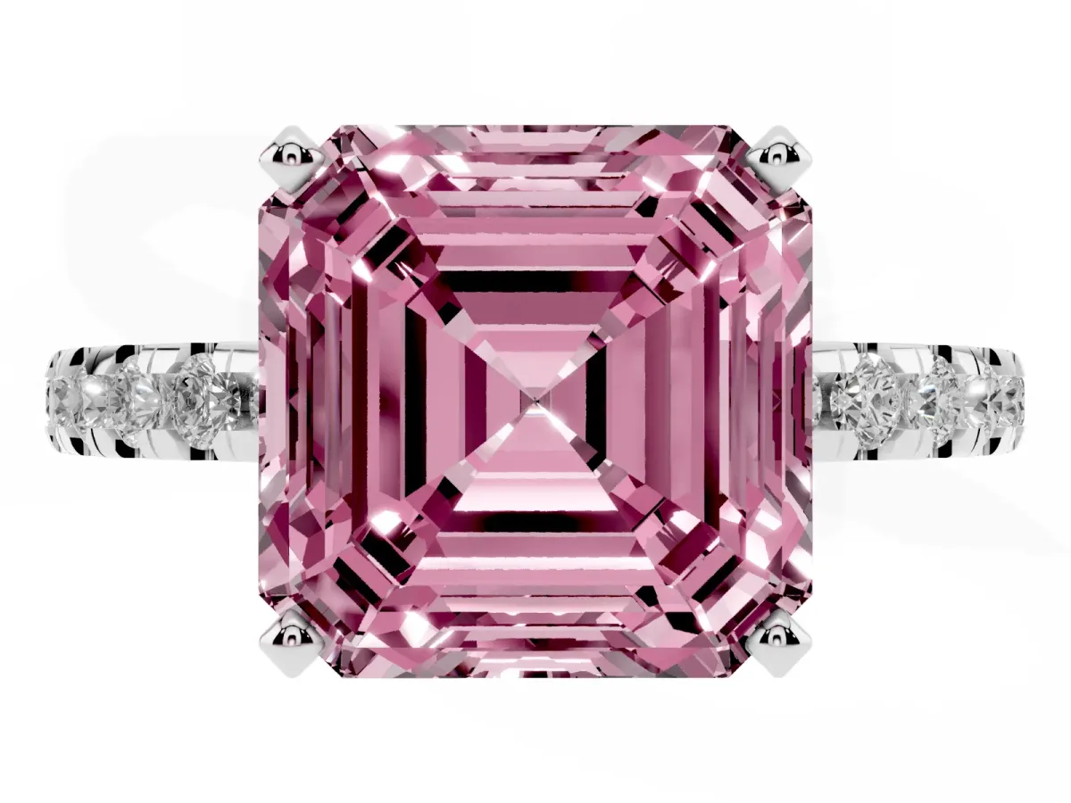 Fancy Pink Asscher Cut Diamond Solitaire Ring with Round Pavé Band and Four-Prong Setting Silver