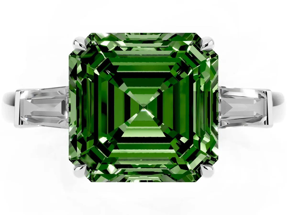 Fancy Green Asscher Cut Diamond Three-Stone Ring with Tapered Baguette Side Stones and Prong Setting Silver