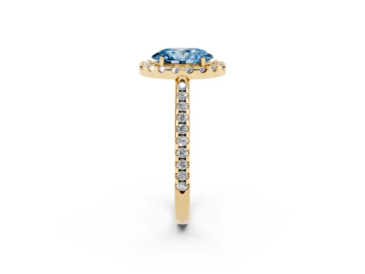Fancy Blue Oval Cut Diamond Pavé Halo Ring with Four-Prong Setting Yellow gold