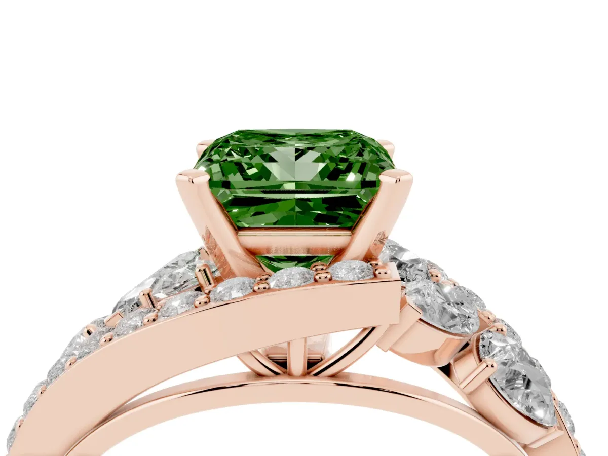 Fancy Green Princess Cut Diamond Halo Ring with Marquise and Pavé Band in Prong Setting Rose gold