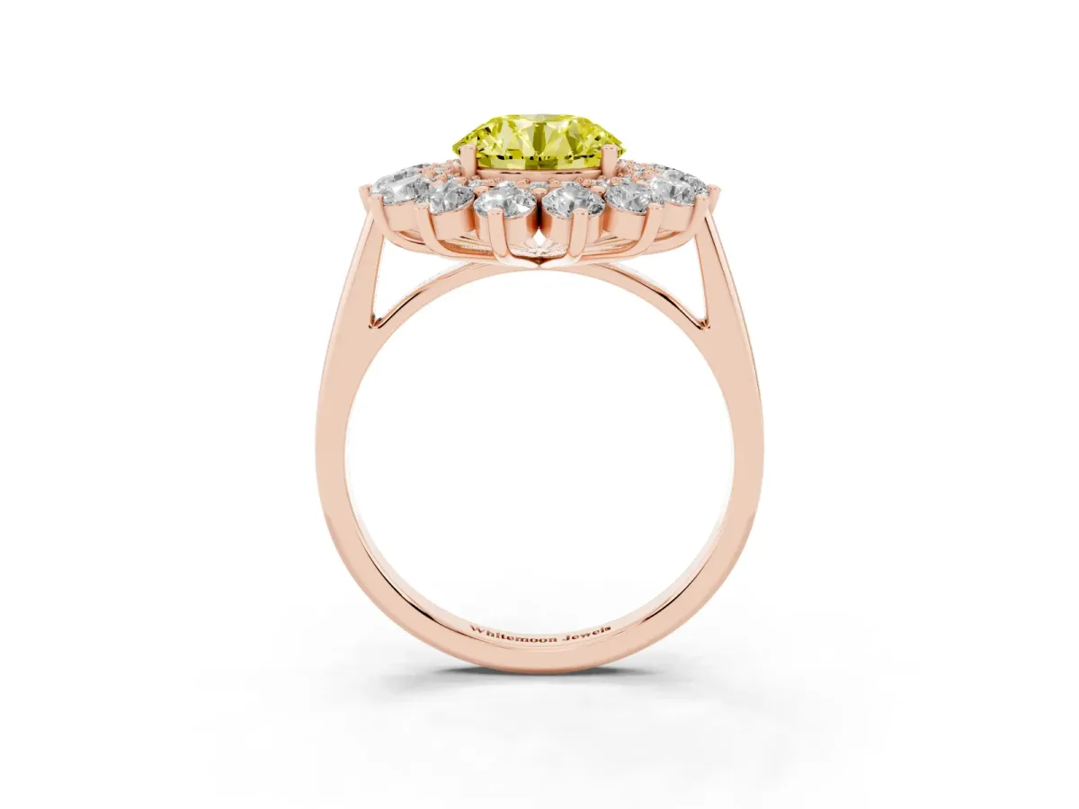Fancy Yellow Round Cut Diamond Floral Double Halo Engagement Ring with Prong Setting Rose gold