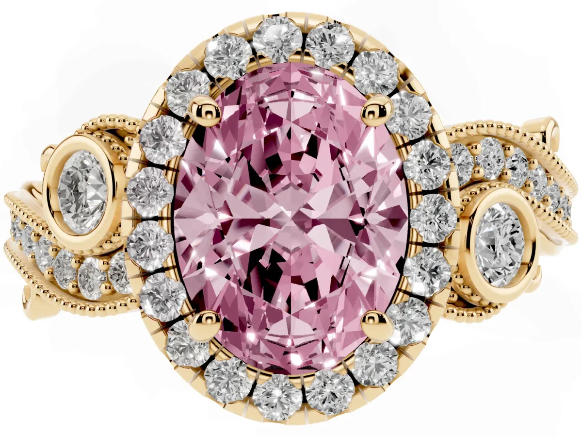 Fancy Pink Oval Cut Diamond Halo Ring with Milgrain Pavé Band and Four-Prong Setting Yellow gold