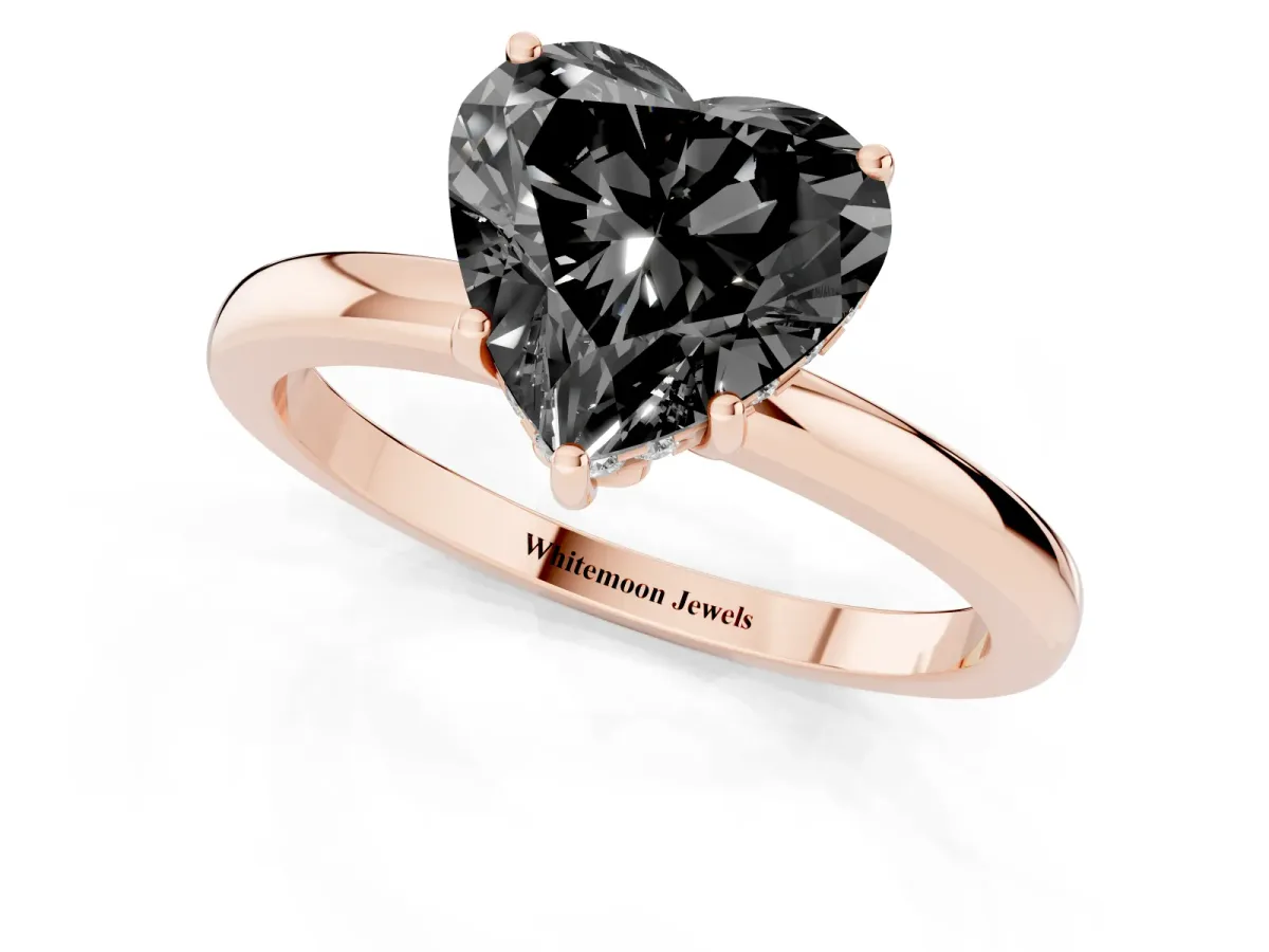 Fancy Black Heart Cut Solitaire Diamond Ring with Prong Setting and Plain Band Rose gold