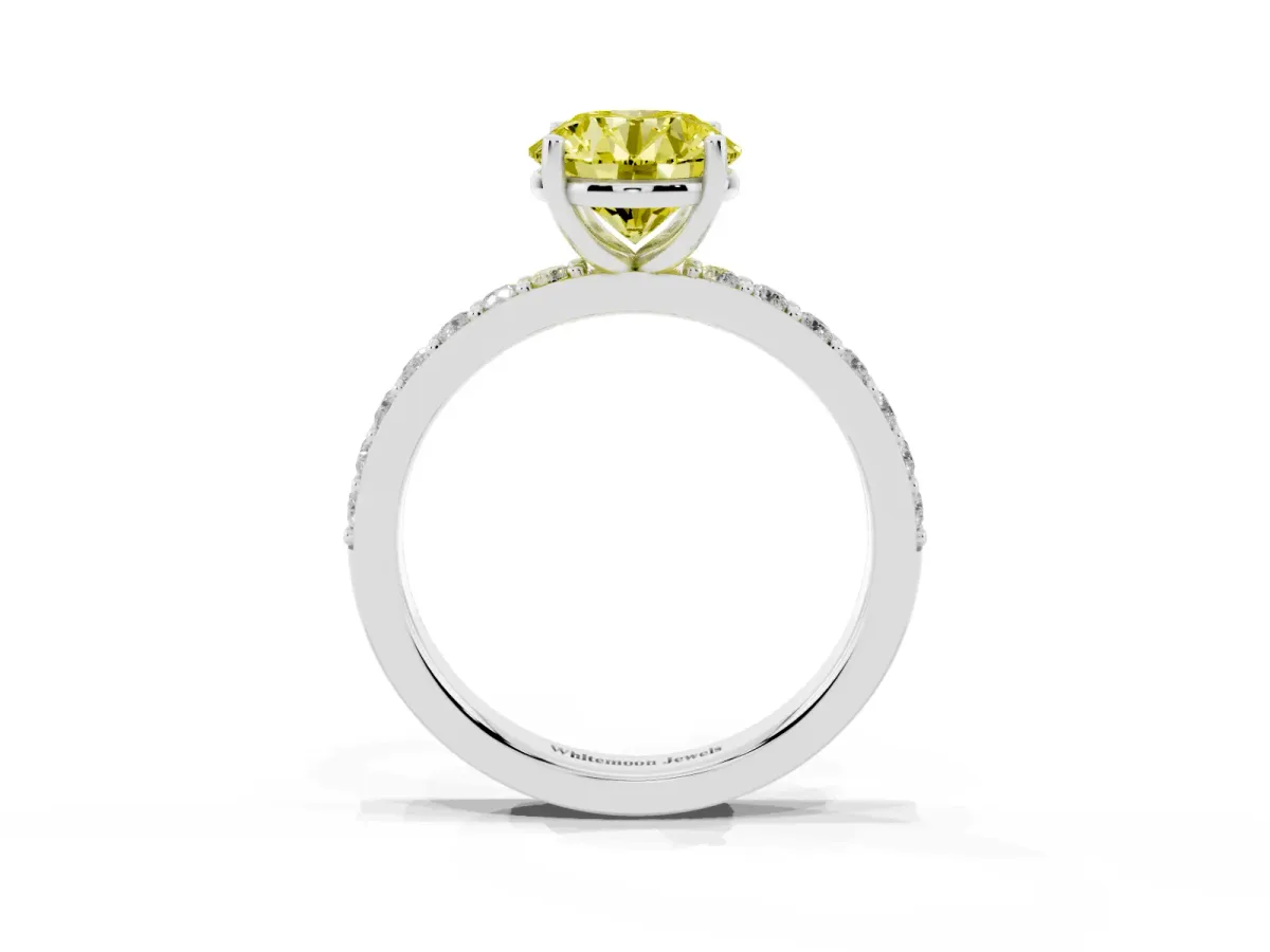 Fancy Yellow Round Cut Cut Diamond Solitaire with Pave Band and Four-Prong Setting Silver