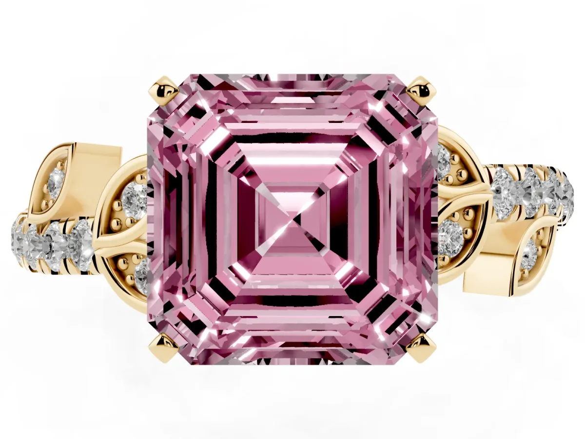 Fancy Pink Asscher Cut Solitaire Leaf-Inspired Diamond Ring with Pavé Band and Four-Prong Setting Yellow gold