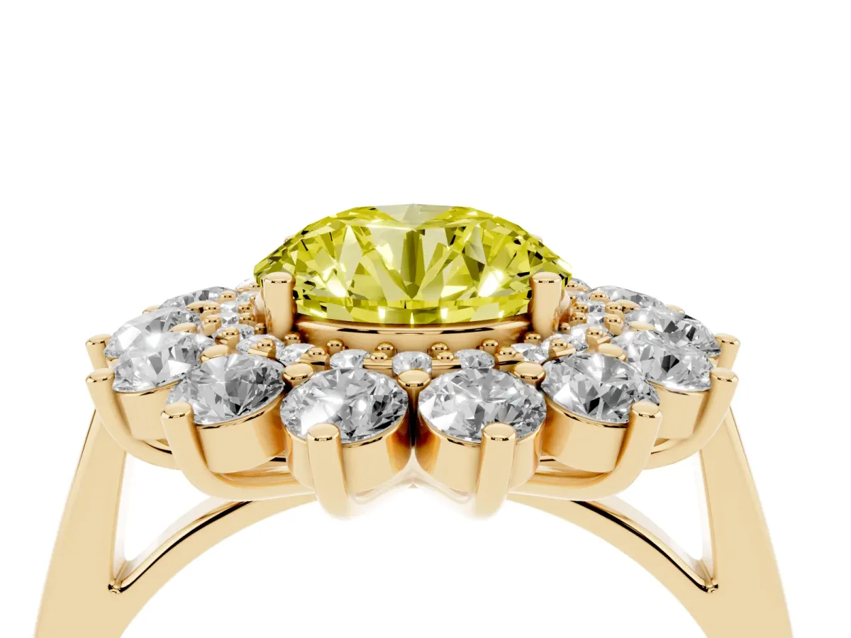 Fancy Yellow Round Cut Diamond Floral Double Halo Engagement Ring with Prong Setting Yellow gold