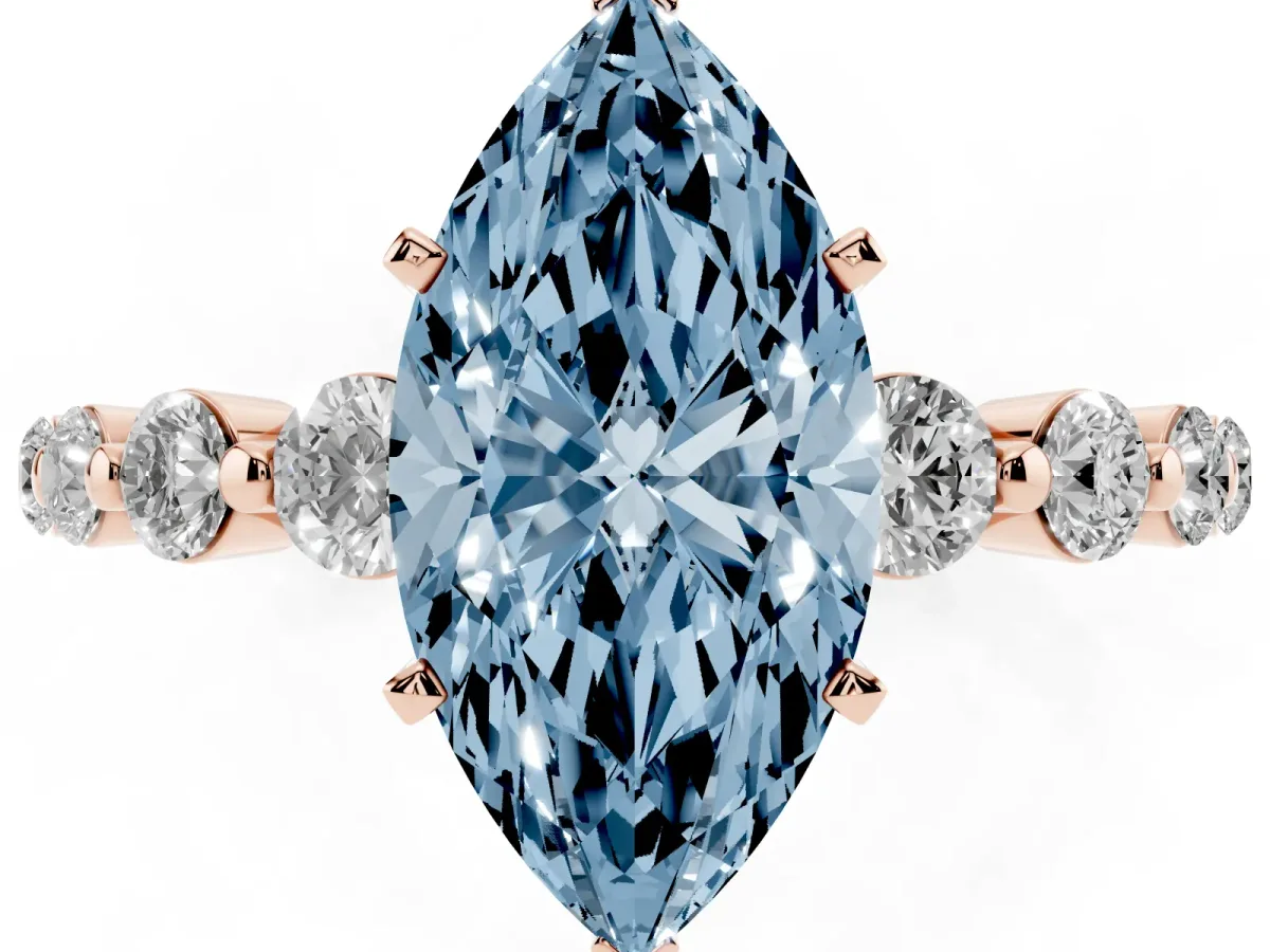 Fancy Blue Marquise Cut Solitaire Diamond Ring with Pave Band and Four-Prong Setting Rose gold