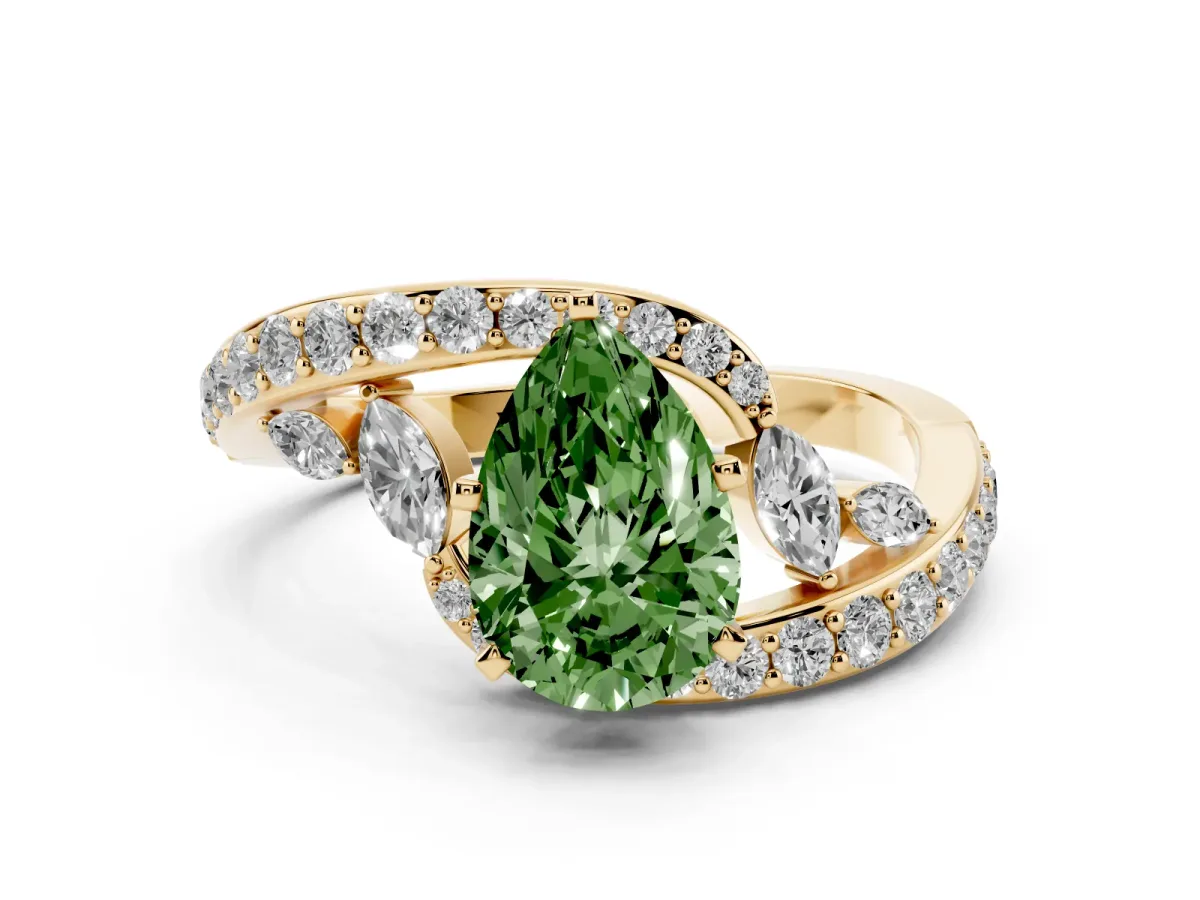 Fancy Green Pear Cut Solitaire with Pavé Twist Band and Four-Prong Setting Yellow gold