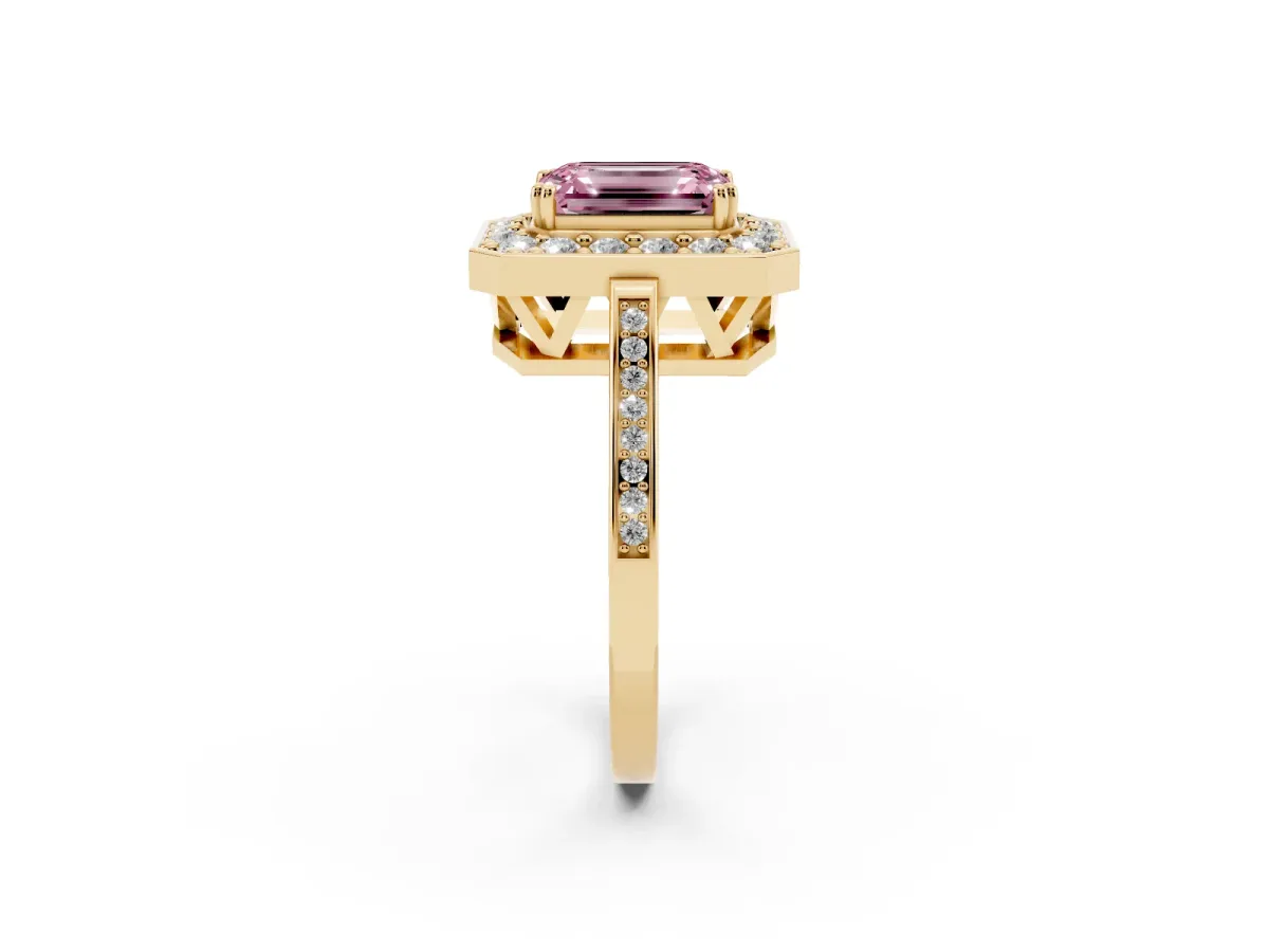 Fancy Pink Emerald Cut Diamond Halo Ring with Split Shank and Four-Prong Setting Yellow gold