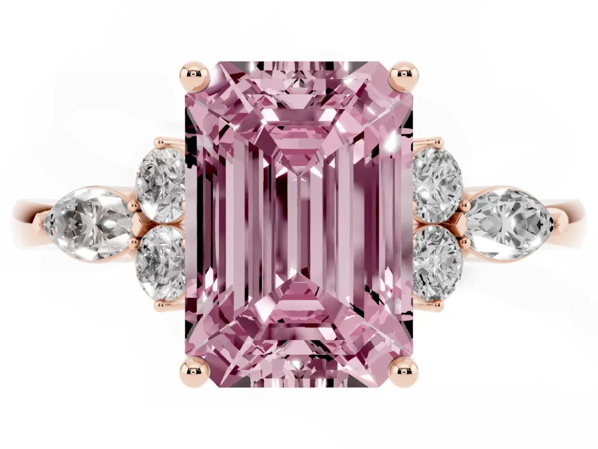 Fancy Pink Emerald Cut Brilliant Diamond Solitaire Ring with Pear Side Stones and Four-Prong Setting Rose gold