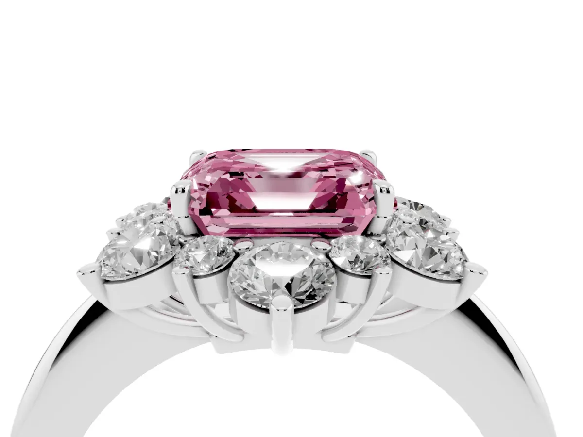 Fancy Pink Asscher Cut Diamond Cluster Halo Ring with Solitaire Band and Four-Prong Setting Silver