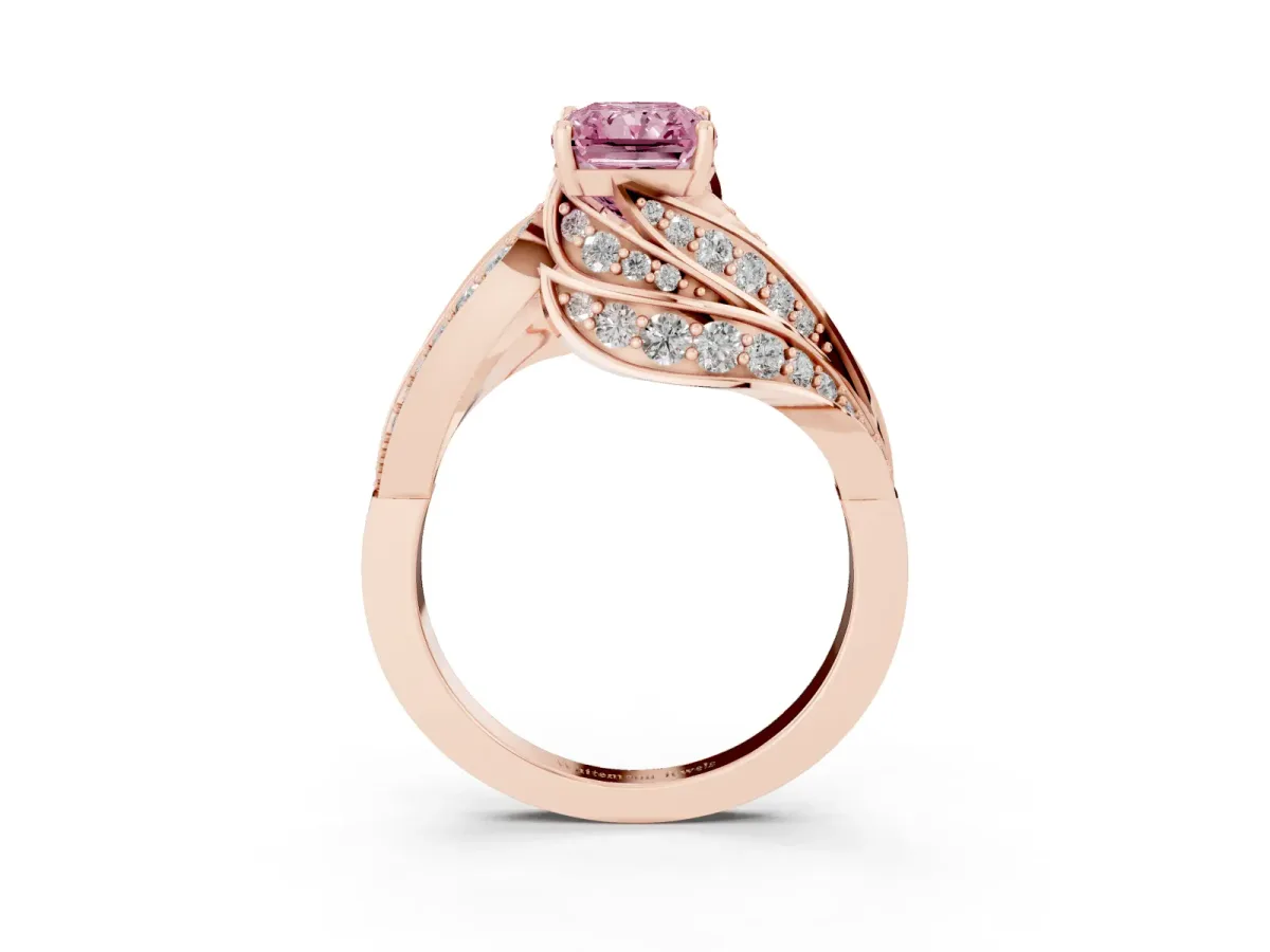 Fancy Pink Radiant Cut Diamond Solitaire Ring with Prong Setting and Twisted Pavé Band Rose gold