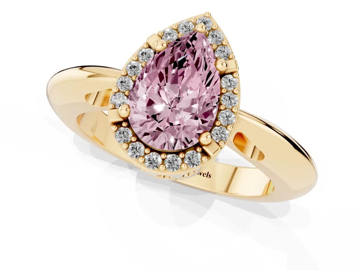 Fancy Pink Pear Cut Cut Diamond Halo Engagement Ring with Split Shank and Four-Prong Setting Yellow gold