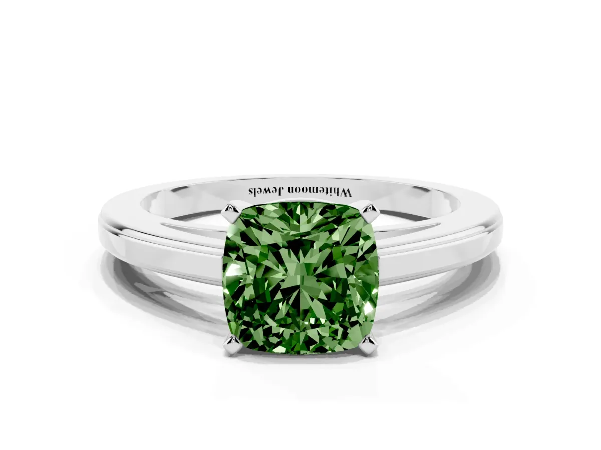 Fancy Green Cushion Cut Solitaire Diamond Ring with Four-Prong Setting and Classic Band Silver