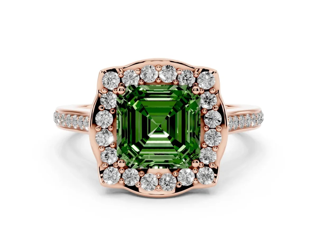 Fancy Green Asscher Cut Halo Round Diamond Pave Band with Four-Prong Setting Rose gold