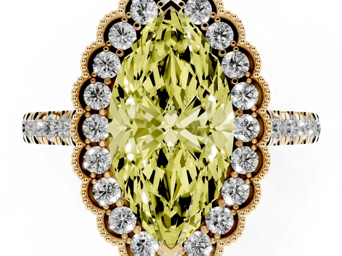 Fancy Yellow Marquise Cut Cut Diamond Milgrain Floral Halo Engagement Ring with Pavé Band Yellow gold