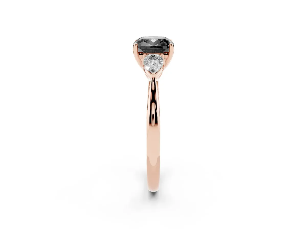 Fancy Black Cushion Cut Diamond Three-Stone Ring with Pear Side Stones and Prong Setting Rose gold