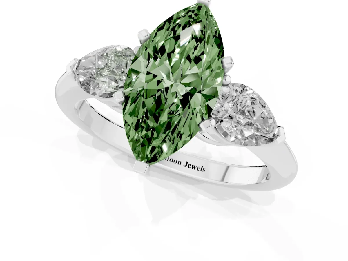 Fancy Green Three-Stone Marquise Cut Diamond Ring with Pear Side Stones and Four-Prong Setting Silver