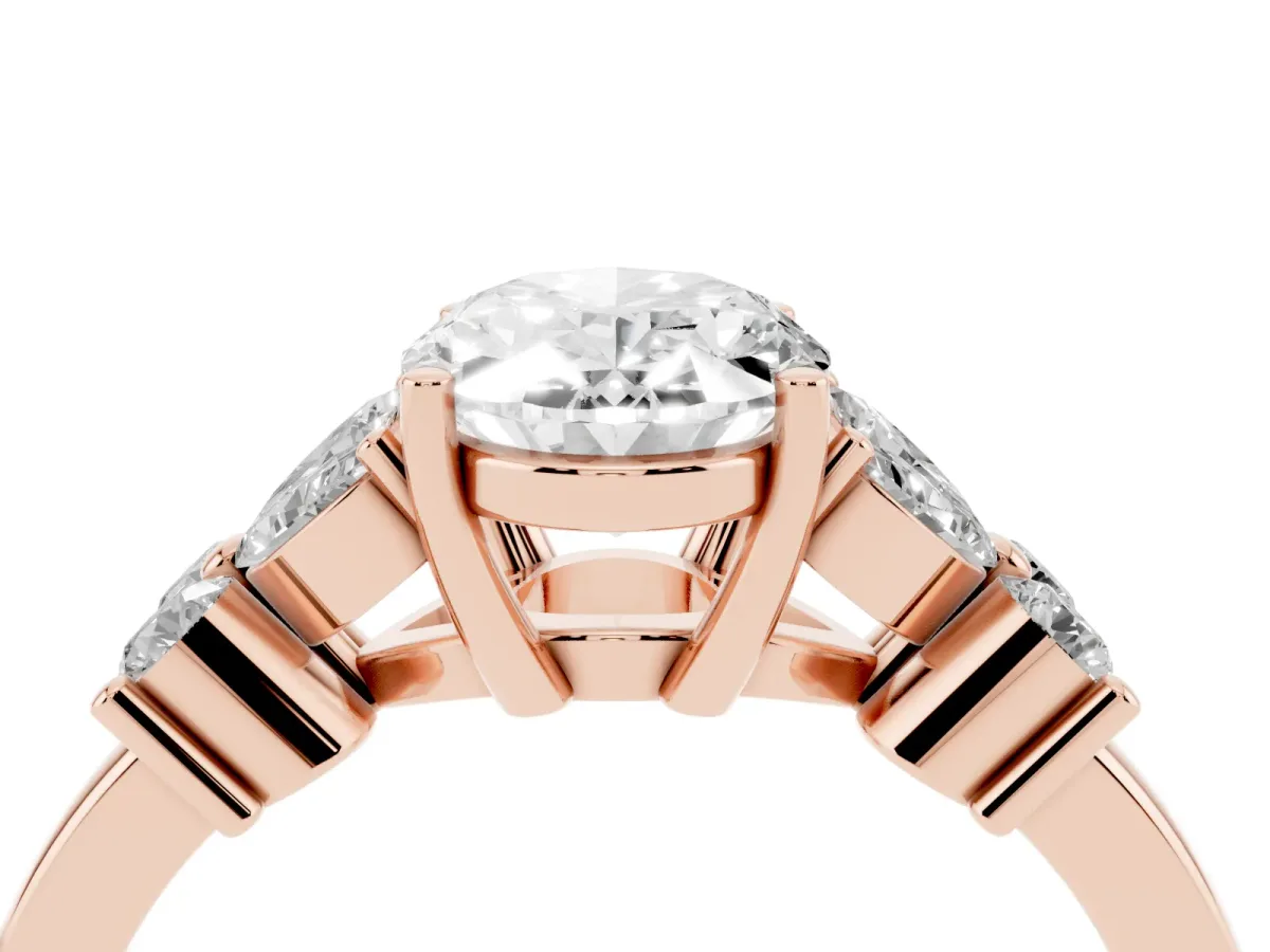 Oval Cut Diamond Floral Cluster Ring with Solitaire Band and Prong Setting Rose gold