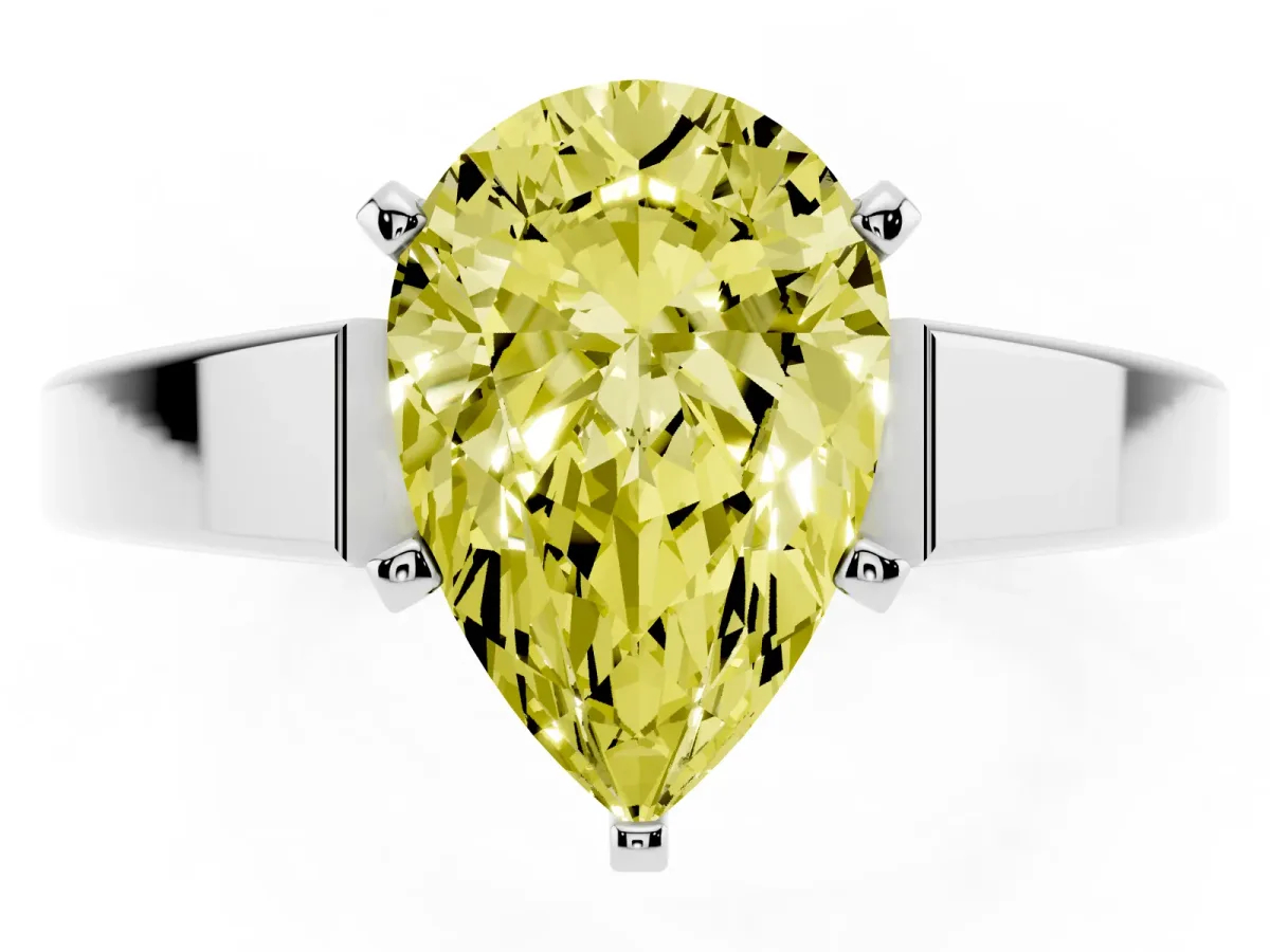 Fancy Yellow Pear Cut Solitaire Engagement Ring with Four-Prong Setting and Tapered Band Silver