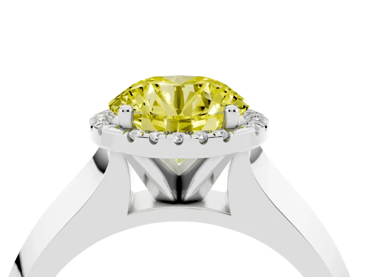 Fancy Yellow Round Cut Halo Diamond Ring with Cathedral Band and Four-Prong Setting Platinum